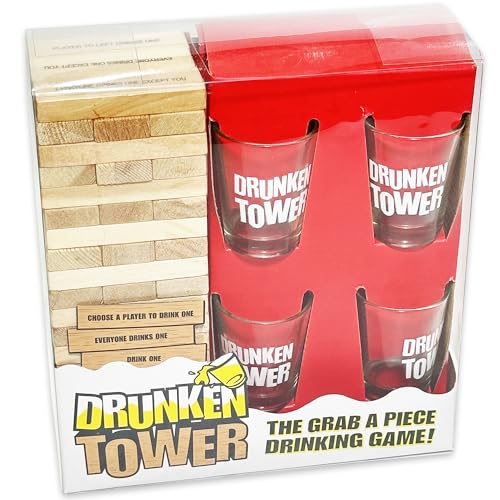 Gamie Tumbling Tower Drinking Games for Adults, with 4 Glasses and 48 Wooden Blocks with Challenges, Fun House Adult Party Games for Game Night, Great Gift Idea for Everyone