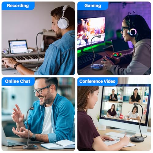 Plug & Play USB Computer Microphone, Flexible Gooseneck Desk Microphone for Podcasting, Streaming, Conference, Noise Canceling Microphone with Mute Button LED for PC/Mac