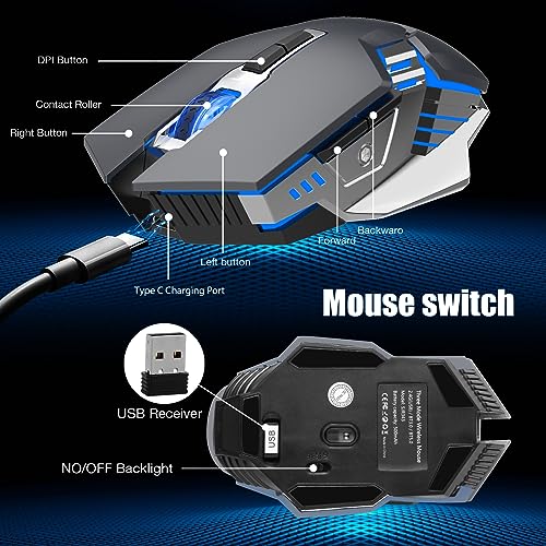 Bluetooth Gaming Mouse, RGB Rechargeable USB Wireless Mouse, Quiet Click, LED Backlit, Ergonomic, with Side Button, 6 Button, DPI Adjustable, Computer Mice for Laptop PC MacBook Chromebook - Grey - color: Grey