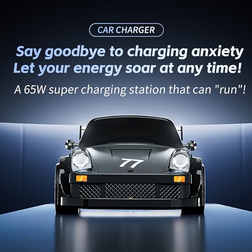 65W Fast Charging Desktop Charger, 3-Port USB-C & USB-A GaN Power Station, Racing Car Design with Intelligent Power Allocation, Compatible with iPhone, Android, iPad, Laptop & Earbuds (White) - color: White