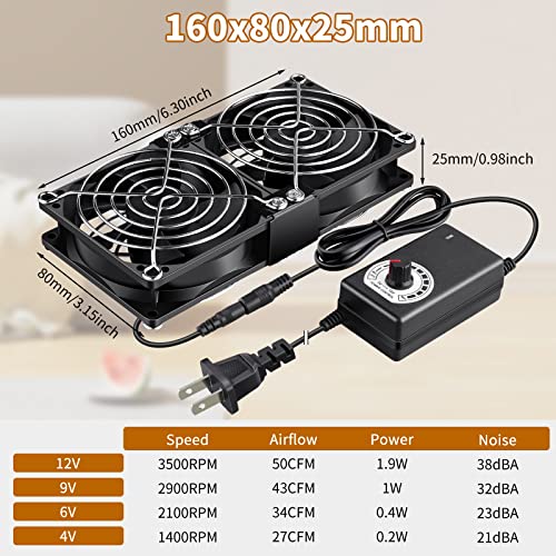Wathai 80mm x 2 Computer Fan with AC Plug Variable Speed Controller | Dual Ball Big Airflow AC 110V 120V for PlayStation Router Laptop PC Receiver DVR Xbox Modem AV Cabinet Electronics Cooling