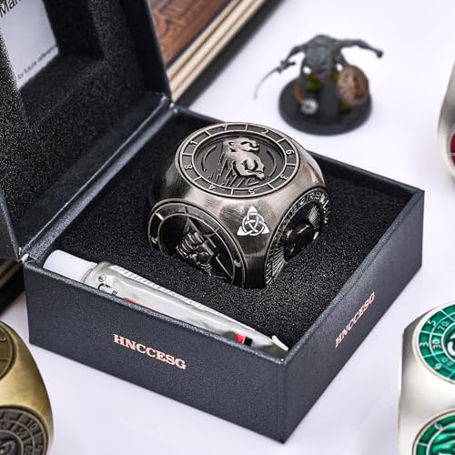 7-in-1 메탈 DND 주사위 스피너 큐브, 테이블 탑 RPG용 3D 릴리프, 던전 마스터 및 플레이어를 위한 선물 상자 (실버) - color: 실버.