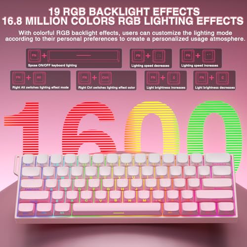 Aula MINI60 HE PRO Wireless Gaming Keyboard 60%,Hall Effect Rapid Trigger Magnetic Keyboard,8000Hz Polling,Tri-Mode(BT5.0/2.4GHz/USB-C),RGB Hot Swappable Compact Pink Mechanical Keyboard for Gamer - color: Pro-Pink Side