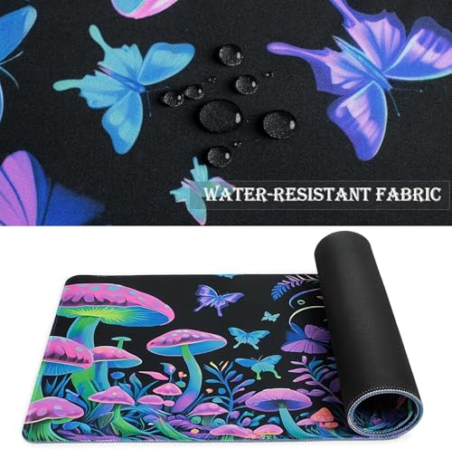 Simpkeely Large Skull Mushroom Gaming Mouse Pad - UV Light Reactive Neon Glow Butterfly Mat Waterproof XL Non-Slip Rubber Base for Computer & Keyboard, 31.5" x 11.8" - color: Skull Mushroom