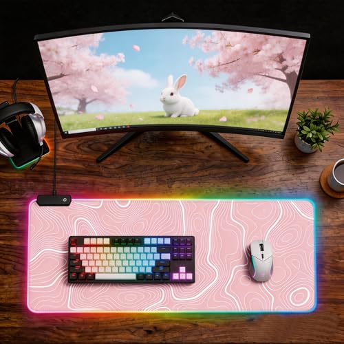 Pink RGB Mouse Pad LED Desk Mat Large Gaming Mousepad Pink and White Line Design, Keyboard Pad XL Mouse Mat for Home and Office - color: Pink With White Topographic Line