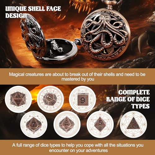 D&D Dice Set,7PCS Metal Dice for Dungeons and Dragons,Mini Dice Set with Pocket Watch Case,Role Playing Board Games Accessories (Octopus, Copper) - color: Copper, style: Octopus