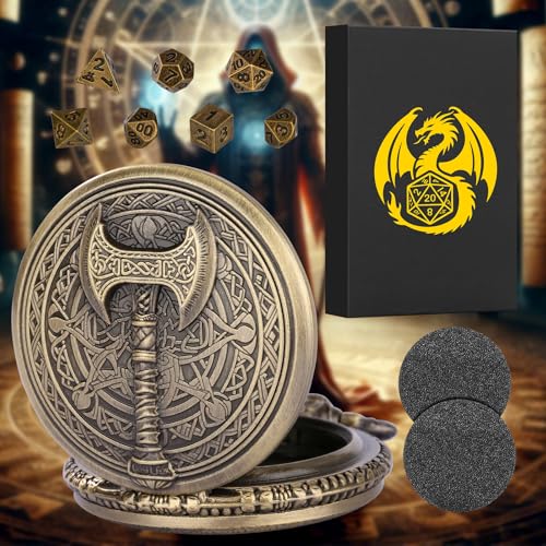 Mini DND Dice Set with Steampunk Barbarian Axe Pocket Watch Shell Case, 7pcs Polyhedral Metal DND Dice Set, D&D Gifts with Gift Box, Role Playing Board Games DND Accessories, Bronze - color: Bronze