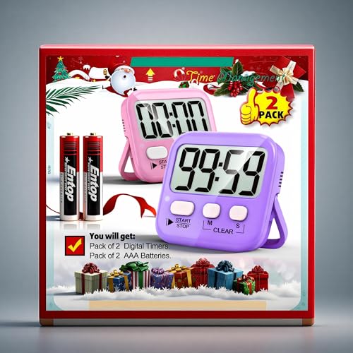 2 Pack Digital Timer for Kids Classroom Kitchen Timers for Cooking | w/ Battery, Easy to View, Alarm, Mute Mode, Count Down/Up, Magnetic, Kickstand, Hanging, Classroom Timer for Teacher Supplies - color: 2 * Pink + Purple