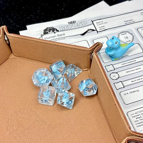 Sage's Portal Animal Familiars Resin DND Dice Set Polyhedral Dice Set for Dungeons and Dragons RPG Pathfinder Tabletop TTRPG (Blue T-Rex + Figurine) - color: Blue T-rex + Mini Figure, style: Dice Set +Mini Figure