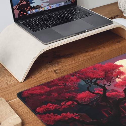 Extended Gaming Mouse Pad, Japanese Temple Scene, 35.4 x 15.7 inches, Non-Slip Base, Red Moon Design - color: Red Moon Canyon