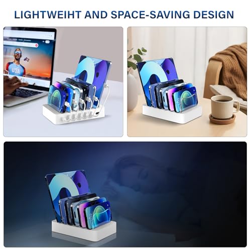 Charging Station for Multiple Devices,68W 6 Port 20W Fast Phone Charger Dock with 6 Cables, Compatible with Apple Cellphone iPad iPhone Tablet and Other Electronic(White)
