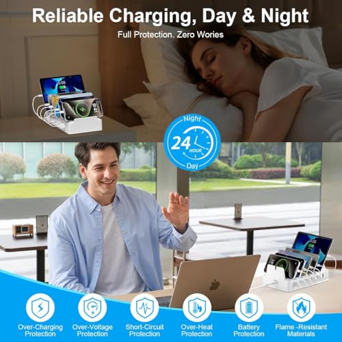 Charging Station for Multiple Devices, 6 Port USB Desktop Charger Dock Compatible with iPad, Samsung, Android, Tablet, Family Multi Phone Charging Organizer with Divider Holders, Fireproof ABS (Black)