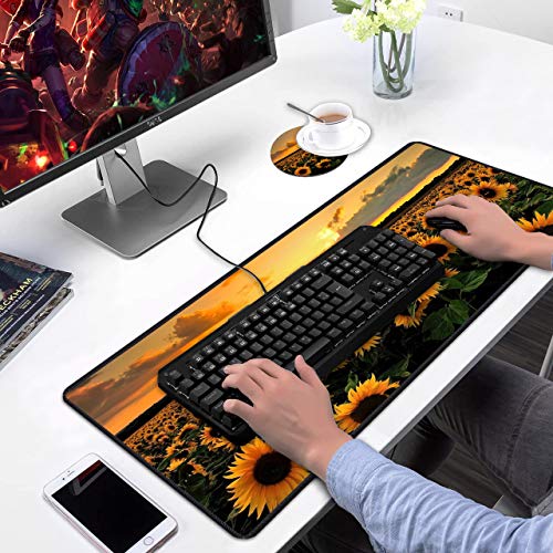 Desk Pad Mat Gaming Mouse Pads with Coasters Set, Stitched Edges Design Mouse Pad XXL Large Mouse Pad for Laptop Computers Sunflower Field Desk Writing Mat for Office & Home 31.5x 11.8 - color: Sunflower Field