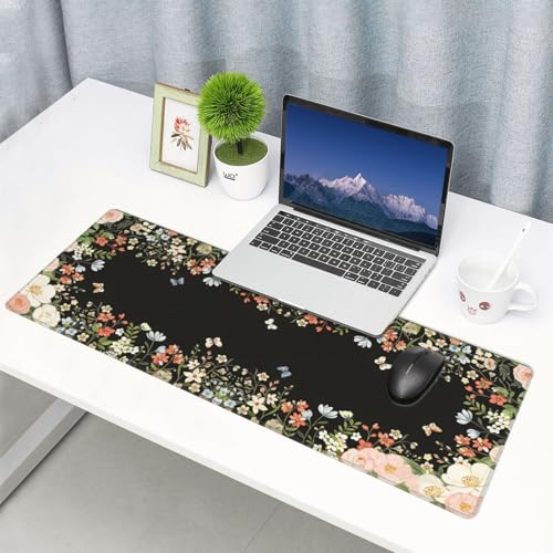 Large Gaming Mouse Pad Desk Mat, Black Girly Floral Extended Keyboard Mouse Pad Mousepad with Non-Slip Base and Stitched Edge Mouse Mat Desk Pad Mouse Pads for Desk Home Office, 31.5 x 11.8 - color: Girly Floral Black