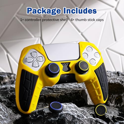 DLseego Protective Cover for PS5 Controller, Soft Silicone Ergonomic Anti-Slip Controller Case Skin with 4 PCS Thumb Stick Grip Caps - Yellow - color: Yellow