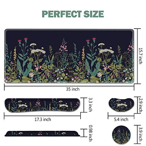 AIMSA Large Gaming Mouse Pad Set, Keyboard Wrist Rest Support + Extended Mouse Pad + Mouse Wrist Cushion + Coaster, Ergonomic Multifunctional Desk Mat 35x15.7in Anti-Slip Rubber Base (Flowers Plants) - color: Flowers Plants