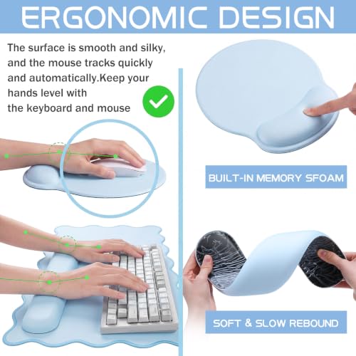 Sabary Scalloped Desk Mat Keyboard Mouse Pad Set 35.5 x 15.7 Inch Blue Preppy Table Mat Keyboard Wrist Rest Cute Aesthetic Mouse Pad with Wrist Rest Coaster Ergonomic Non-Slip Waterproof Gaming Desk - color: Blue, size: 35.5 x 15.7 Inch