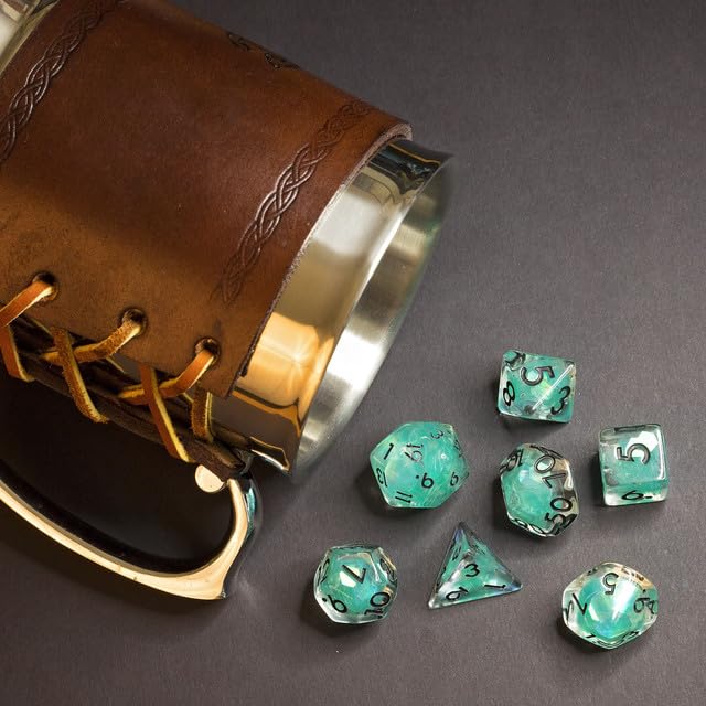 Sage’s Portal Cantrips DND Dice Set - Round Edge Resin 7-PC Polyhedral DND Dice Set for Dungeons and Dragons D&D RPG Tabletop TTRPG (Teal Flakes) - color: Teal Flakes