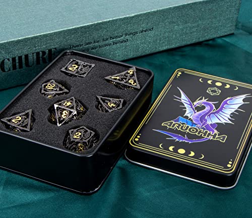 ARUOHHA Hollow DND Metal Dice Set Black Gold Dragons D and D Dice, RPG Role Playing Games Dungeons Polyhedral Dice with Gift Box D20 D12 D10 D8 D6 D4 - color: Black Gold