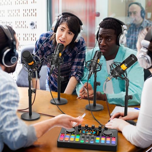 Podcast Equipment Bundle for 4, All-in-One Audio Mixer with Dynamic Micophones Noise Reduction for Live Streaming/Recording/Singing,PC,Smartphone,TikTok M100 3rd - style: M100-4D (4 mics)