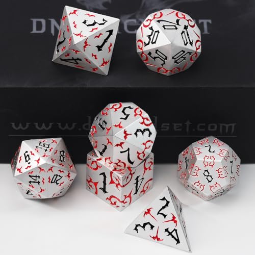 ZHOORQI Metal DND Dice 7Pcs Bat Design Polyhedral Die Set(BF-White Red) | Sharp Edge D and D Dice for Dungeons and Dragons DM RPGs Gift Gaming Collection - color: Bat-white Red