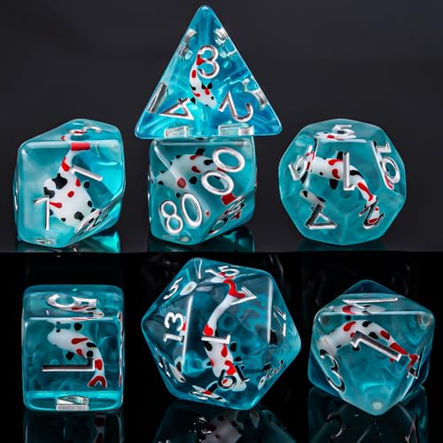 Fish/Animal Resin D&D Dice Set, 7pcs Polyhedral Dice (D4, D6, D8, D10, D12, D20, D%) for Dungeons and Dragons, RPG, MTG, Role Playing Games - color: Black and Red Fish