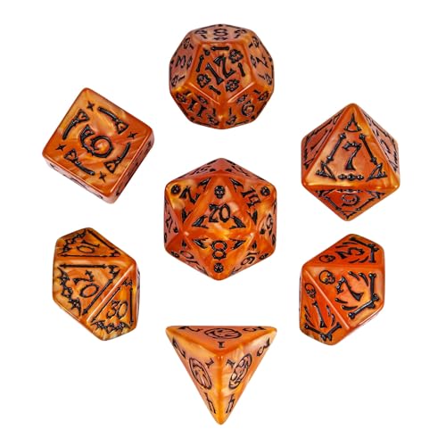 7-Die DND Dice Set Scary Pattern Polyhedral Dice Set with Leather Bag, Skull Dice D&D Dice Set for RPG Table Games.(Scary Pattern-Orange/Black Number) - color: Halloween Pattern-orange/Black Number
