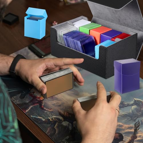Yexiya 7 Pcs Deck Card Boxes, 1 Leather Deck Storage Case with 6 Plastic Trading Card Storage Box for Playing Mtg Tcg(Black, Gray)