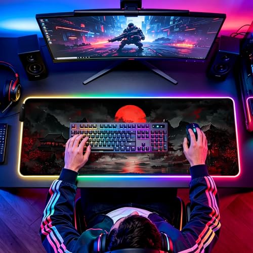 RGB Japanese Dreamy Lakescape Full Moon Gaming Desk Mat, Computer Keyboard Large Extended Long LED Mouse Pad for Office and Home, XL (W07) - color: Rgb-w07