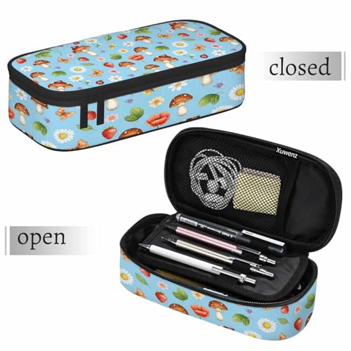 Mushrooms Pencil Case Organizer Butterfly Strawberry Summer Flowers Berries Stationery Box Makeup Colleague Office Supply for Adults Men Women - color: Mushrooms