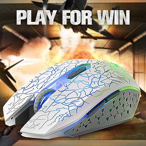 VEGCOO C10 Wireless Gaming Mouse, Rechargeable Gaming Mouse, Silent Optical Mice with 2.4G USB Receiver, 3 Ajustable DPI, 7 Colorful LED Lights for Gamer (White) - color: white