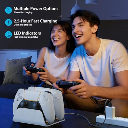 PS5 Controller Charger Station with LED Indicator,Self-Aligning Charging Dock,Dual Controller Fast Charging Dock,Desktop Display Stand for PlayStation 5 (White) - color: White