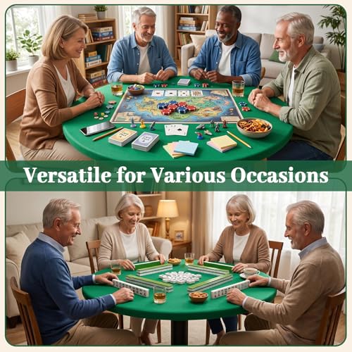 Green 36 Inch Felt Card Game Tablecover Round 36in to 48in Tablecloth Poker Table Cover Elastic Table Mat Fitted Bridge Card Mahjong Dominoes and Casino Game Night Topper Cloth Protecto