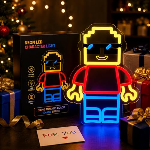 Building Blocks Man Neon Signs for Wall Decor - Block Figure LED Signs with Dimmer Switch, 8.7"x11.8", UV Printed, 5V Power Neon Lights for Boys Roo