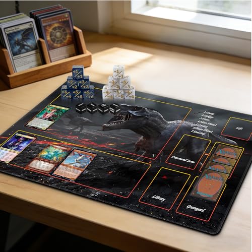 MTG Playmat with Storage Tube & 7-Dice Set - Waterproof TCG Playmat with Stitched Edges, Non-Slip Rubber Card Game Mat (24"x14") (playmat with Zones, Dinosaur) - color: Dinosaur, style: playmat with zones