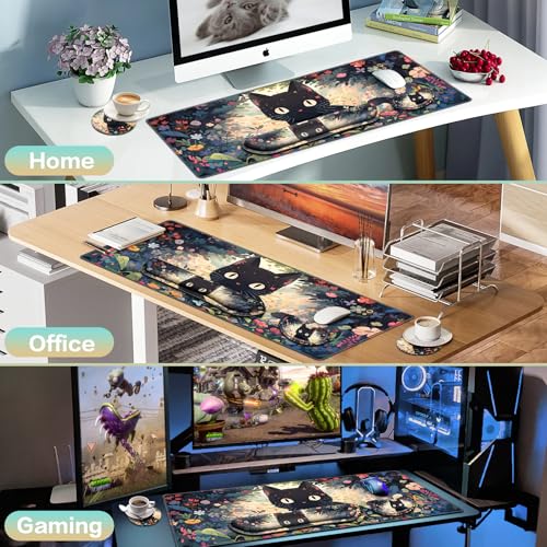 Mouse Pad Anime, Mouse Pad with Wrist Rest, 4-in-1 XXL Large Desk Mat Kawaii Mousepad with Gel Wrist Support Keyboard Wrists Rest Coaster, Ergonomic Gaming Cat Desk Pad, Funny Cute Office Accessories - color: Flowers&Cat
