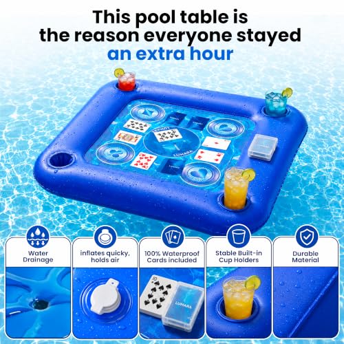LUMARA Floating Table for Pool with Waterproof Playing Cards, Pool Games for Adults, 4 Cup Holders, Drinks and Snacks Tray, Hot Tub Party Accessory