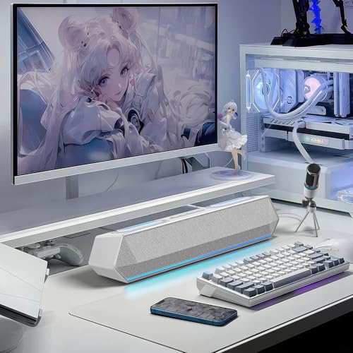 Deeyaple Computer Speakers, 40W PC Speakers for Desktop Monitor with Bluetooth 5.3 & USB Audio, HiFi Stereo Gaming Soundbar with Custom EQ Software, Dynamic RGB Lighting for Laptop, PS4, PS5, White.