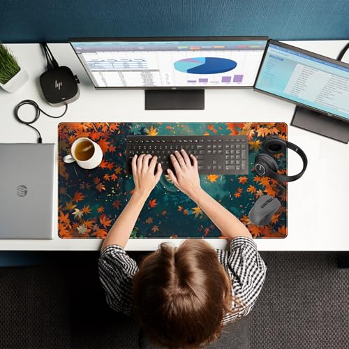 Maple Leaves Desk Mat Gaming Mouse Pad Large, Extended Desk Pad Full Desk Cover Mat, Fall Leaves Laptop Keyboard Pad, Computer Desktop Mat XXL, Aesthetic Fall Desk Accessories 31.5x15.7 Inch - color: Fall Leaf