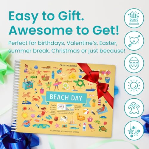 Beach Day 500+ Kids Sticker Book by Cupkin Fun Toddler Travel Activity Coloring and Sticker Book, Road Trip Essentials, 12 Coloring Pages 12 Side by Side Scenes for Ages 2–8 Years - color: Beach Day