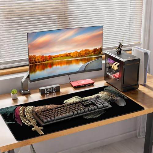 Extended Gaming Mousepad with Cross and Dollar Bill Designs, 35.4 x 15.7 inches, Featuring a Non-Slip Base and Waterproof Surface, Suitable for Home Office and Work environments. - color: With Us Dollar and Cross Design