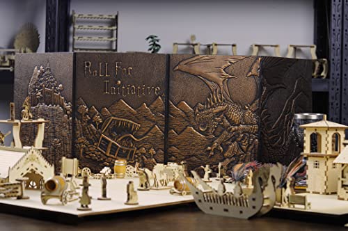 CZYY Faux Leather Dungeon Master Screen, 4-Panel DM Screen with Pockets | 3D Embossed Cover, 4 Erasable A4 Sheet Pockets, Reference Inserts & Felt Case Included, For RPG Sessions & Game Nights
