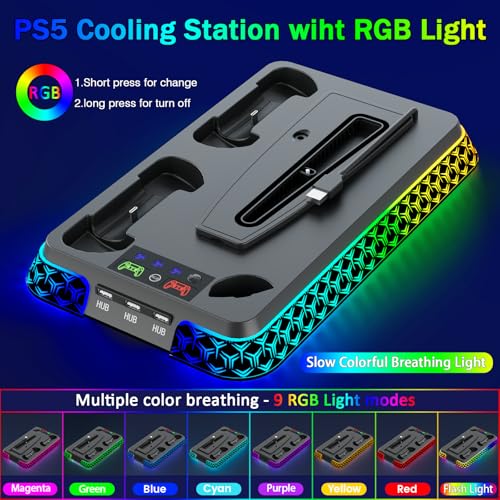 PS5/Slim/Pro Cooling Station for PlayStation 5 Console, PS 5 Cooling & Charging Station with RGB, PS 5 Controller Charger Incl. 3 Level Fan,Headset, PS5/Slim/Pro Accessories Comes 3 USB Ports - color: Y Style-Black