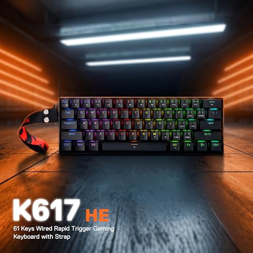 Redragon K617 HE Rapid Trigger Gaming Keyboard, 60% 61 Keys Wired Mechanical Keyboard w/Hyper-Fast Actuation, Dedicated Hall Effect Magnetic Switch, Actuation Point Adjustable, Strap Version - color: Black + Strap (HE Version)