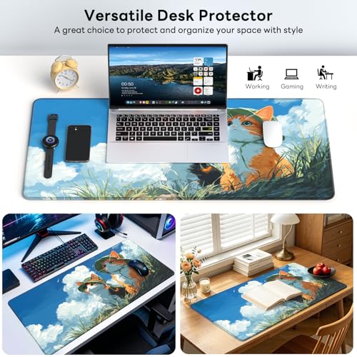 Large Gaming Mouse Pad, XL Desk Protector, Non-Slip Base | 31.5x15.7 in Extended Desk Mat with Stitched Edges for Keyboard, Work, Game, Office, Home PC and Laptop - color: Hat Cats