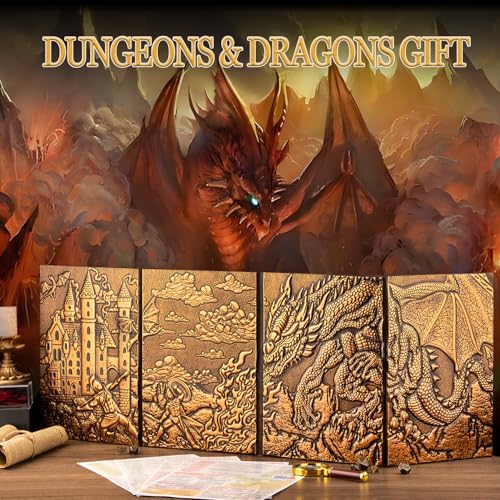 DND Dungeon Master Screen 3D Faux Leather,4 Panel Game Master with Pockets DM Screen for DM Game Accessories Gift,Dungeons and Dragon,Pathfinder,D&D