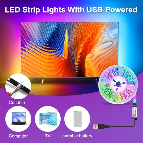 LED Strip Lights, 50ft Smart RGB Music Sync Bluetooth App & Remote Control, USB-Powered LED Lights for TV, Gaming, Bedroom, PC, Home Theater,Parlor,Room - size: 50ft