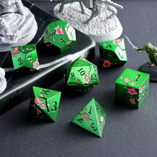 Matt Green Metal Dice Set, DNDND 7 PCS Heavy Metallic D&D Dice Set with Gorgeous Gift Case for Dungeons and Dragon Tabletop Game (Matte Green with Pink Flower) - color: Flower Green