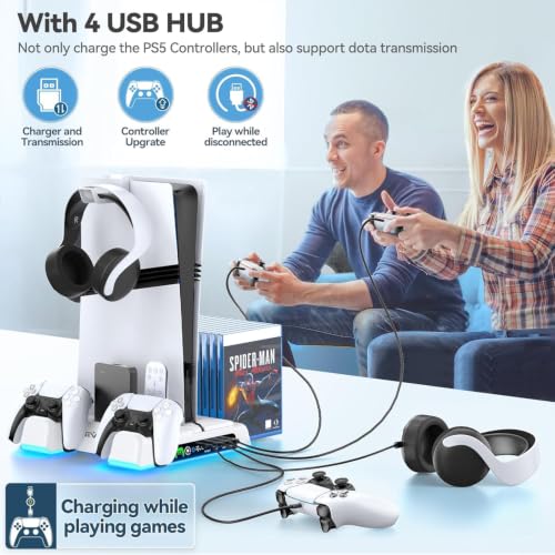 PS5/Slim/Pro Stand and Cooling Station with LED Controller Charging Station for PlayStation 5 Console, Controller Charger, Cooling Stand, PS5/Slim/Pro Skin Accessories Kit with 3 Level Cooler Fan - color: All White