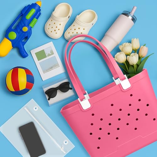 X-Large Rubber Beach Tote Bag, 18.9 "L x 9.4 "W x 13.8 "H Waterproof EVA Beach Totes with Zipper Pocket - color: Hot Pink